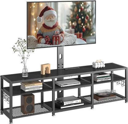 VECELO 63" TV Stand with Mount and Power Outlets, Entertainment Center Console with Open Storage Shelves, Height Adjustable Mount up to 75”, Wooden Table and Metal Frame for Living Room, Modern Black