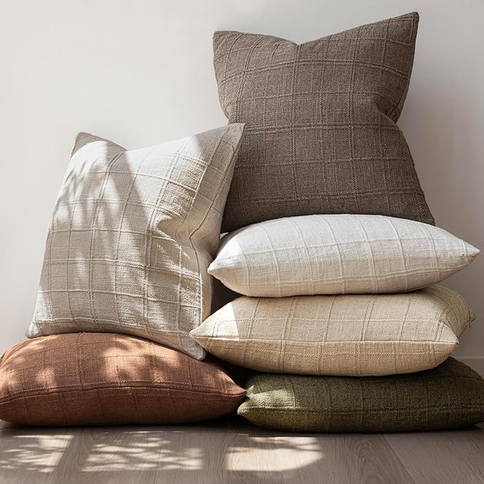 Foindtower Set of 2 Decorative Linen Check Throw Pillow Covers Neutral Farmhouse Vintage Cushion Covers Modern Boho Home Decor for Sofa Chair Couch Bedroom Living Room,18×18 Inch,Taupe Grey
