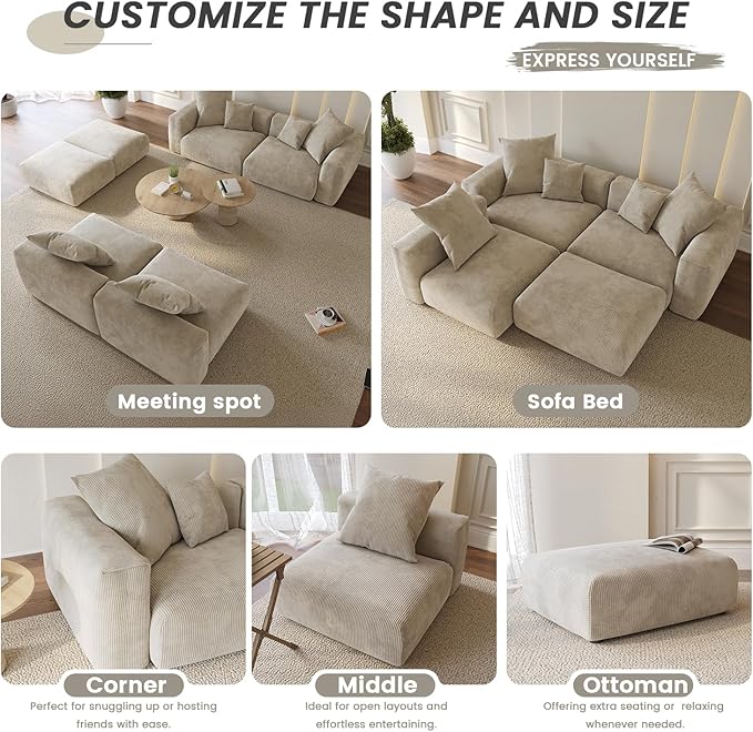 WJShome Cloud Couch Modular Sectional Sofa,102inch L Shaped Sofa with Ottoman,Beige 3 Seater Corduroy Couch,Convertible Sectional Sofa for Living Room,Cushion Covers Removable& Washable