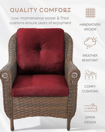 Patio Wicker Chairs Outdoor Furniture Chair - Set of 2 Outside All Weather Lawn Dining Brown Rattan Armchair with High Back&Deep Seating for Deck Porch Balcony Backyard Garden - Red