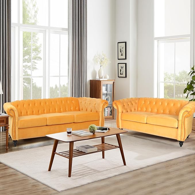 Home Sofa Living Room Furniture, 3 Seater 84" Velvet Upholstered Couch, Mid Century Modern Comfy Couch with Cushions, Classic Tufted Chesterfield Couches for Bedroom, Office, Apartment (Yellow)