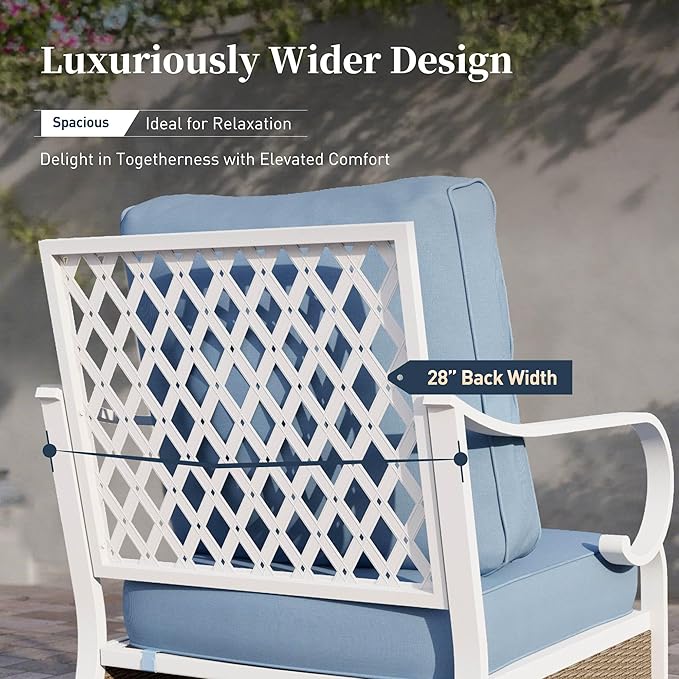 6 Piece Metal Outdoor Patio Furniture Set, Patio Conversations Sets 3-Seater Sofa, 2-Seater Sofa, 2 Swivel Chair with 5.75" Thick Cushion & Coffee Table White Backyard Furniture, Blue