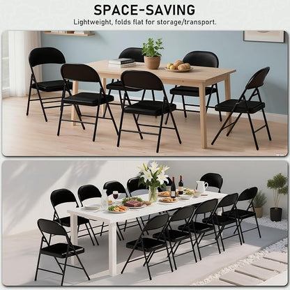 SEALAMB 4 Pack Black Folding Chairs with Padded Seats & Cushion, Durable Metal Foldable Chairs for Wedding Party, Commercial Chairs for Office School Church Events, 330lb Capacity (Black-PU, 4 Pack)