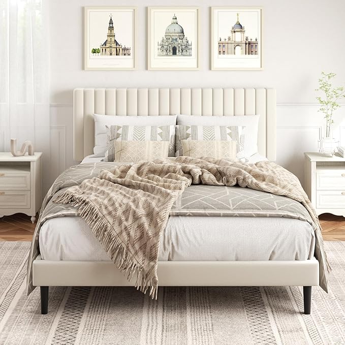 Queen Size Platform Bed Frame with Velvet Upholstered Headboard, Queen Bed Frame with Strong Wood Slats, Box Spring Optional, Mattress Foundation, Easy Assembly Beige