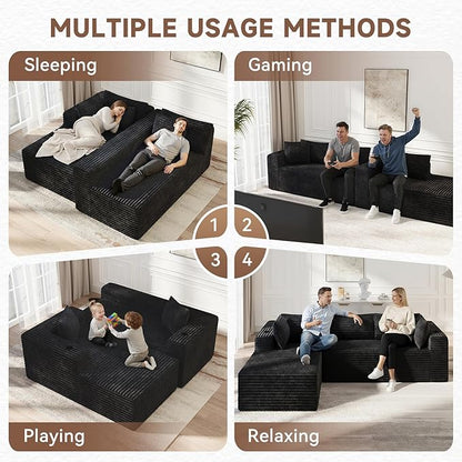 106" Cloud Couch Corduroy Modular Sectional Sofa L-Shape Boneless Couch with Wide Armrests and Cup Holders for Living Room Bedroom, No Assembly Required (Black)