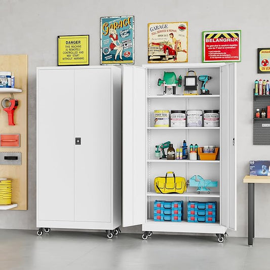 SISESOL 75" Tall Metal Storage Cabinet with Wheels,Rolling Garage Storage Cabinet with Lock,White Metal Cabinets with Wheels and Shelves,Tool Cabinets on Roller for Garage,Home,Office,Shop