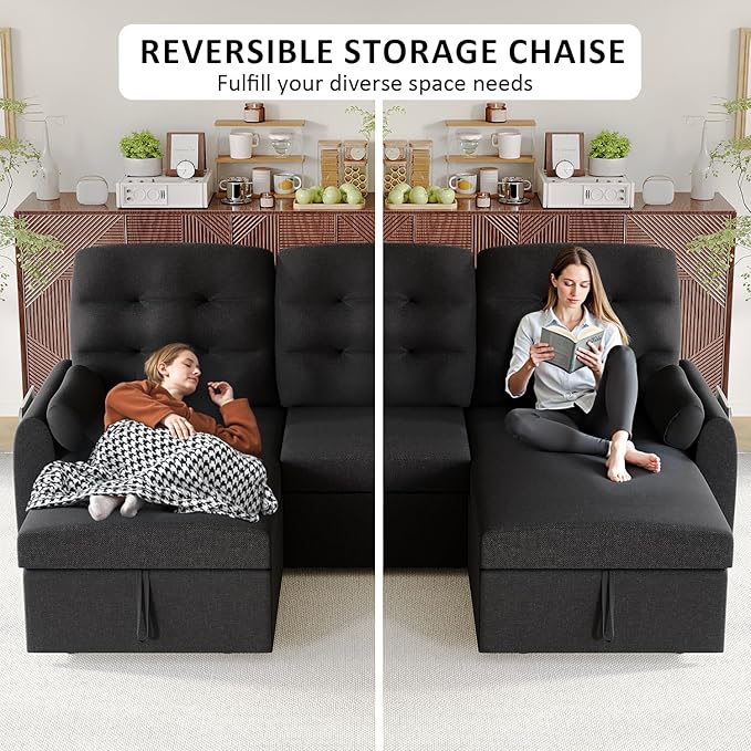 Ucloveria Sleeper Sofa Bed, 86" Convertible Sectional Sofa Couches for Living Room, Pull Out Couch Bed with Reversible Storage Chaise | USB Ports | Side Pockets | Removable Backrest