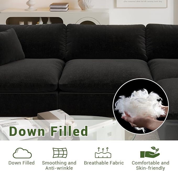 Cloud Modular Sectional Sofa,189.4" Down Filled Sofa 4 Seat with Chaise,Minimalist Sofa Cover Washable and Replaceable Couches for Living Room,Sectional Sofa Deep Seat Black