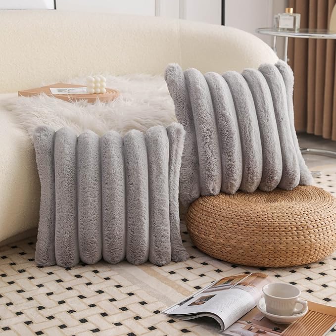 Neelvin Grey Faux Fur Cozy Soft Striped Decorative Throw Pillow Covers 18x18 inch Set of 2,Velvet Pillowcase Cushion Case for Sofa Couch