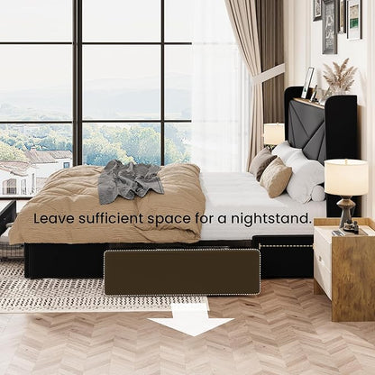 SHA CERLIN Full Size Bed Frame with 3 Drawers, USB & Type-C Charging Ports, Velvet Upholstered Platform Bed with Modern Geometric Wingback Storage Headboard, No Box Spring Needed, Easy Assembly, Black