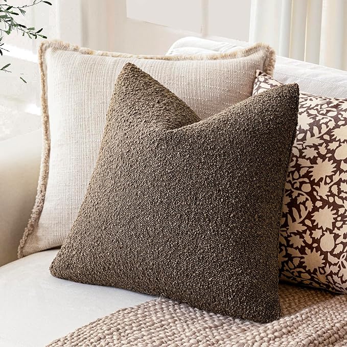 Foindtower Pack of 2 Textured Boucle Throw Pillow Covers Accent Solid Decorative Pillow Cases Cozy Woven Couch Cushion Case for Chair Sofa Bedroom Living Room Home Decor 20x20 Inch Light Brown