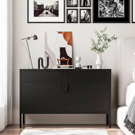 2 Door Storage Sideboard, Metal Storage Cabinet with 2 Adjustable Shelf,Multipurpose Metal Accent Cabinet for Office Home,Music Studio (Black, 25''H)