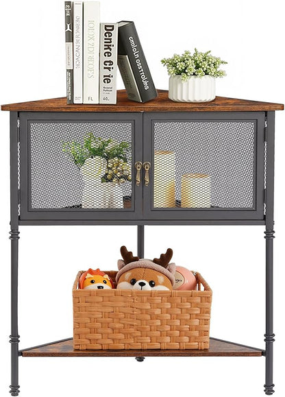 VECELO 3 Tier Corner Shelf,Corner Table with Mesh Door and Open-Shelf,Corner Cabinet Stand,Metal Frame Organizer Display Storage Shelves for Bedroom,Living Room,Kitchen,Bathroom