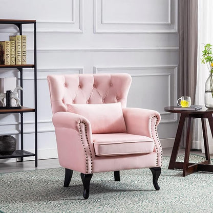 Accent Reading Arm Chairs for Living Room Bedroom, Midcentury Modern Comfy Corner Sofa Chair, Wingback Waiting Room Club Chair with Button Tufted Back &Lumbar Pillow, Velvet Pink