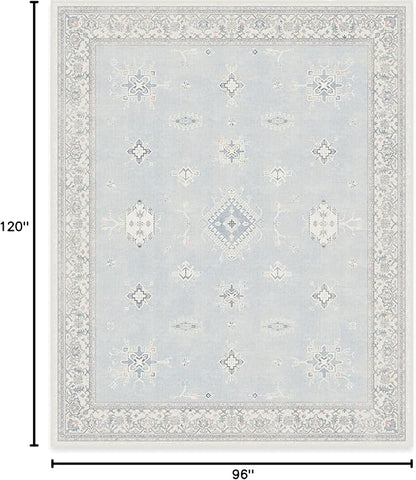 RUGGABLE Washable Vintage Area Rug – Verena Soft Blue 8x10, Stain-Resistant, Non-Slip – Large Machine Washable Rugs for Living Room, Bedroom, Hallway, Entryway & Office–with Standard Pad