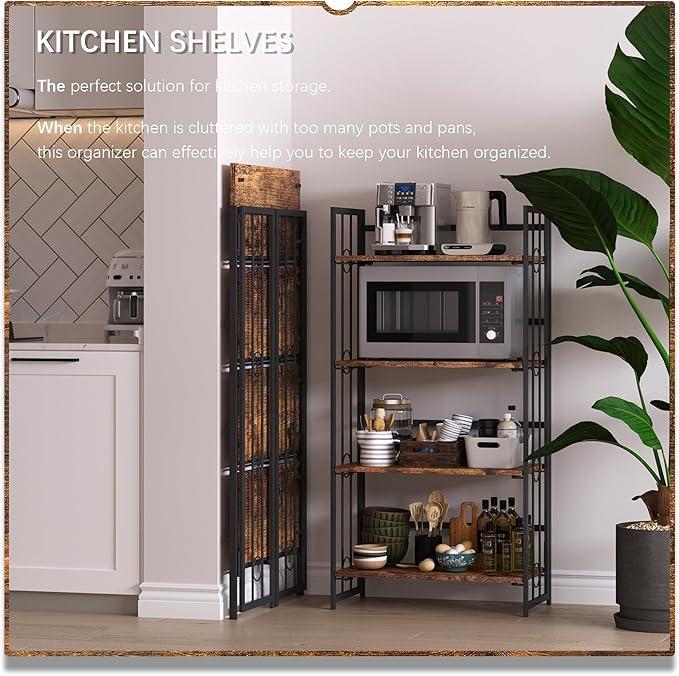 4NM No Assembly 4 Tiers Folding Bookshelf, 47.2" H Foldable Storage Shelves Vintage Bookcase Standing Racks Study Organizer Home Office - Rustic Brown Black