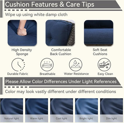 3 Pieces Outdoor Patio Chairs Set - Wicker Patio Conversation Sets with 1 Side Table, Olefin Fabric Cushions Suitable for Backyard Deck and Porch,Blue
