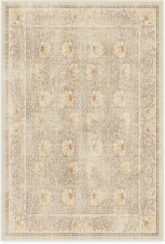 RUGGABLE x Morris & Co Washable Area Rug– Pimpernel Vintage Stone 4x6, Stain-Resistant, Non-Slip – Medium Machine Washable Rugs for Living Room, Bedroom, Hallway, Entryway & Office–with Cushioned Pad