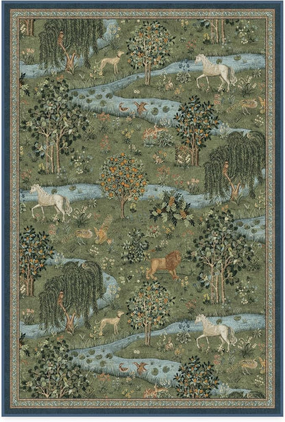 RUGGABLE x Morris & Co Washable Area Rug – Owl & Willow Green 4x6, Stain-Resistant, Non-Slip – Medium Machine Washable Rugs for Living Room, Bedroom, Hallway, Entryway & Office–with Standard Pad