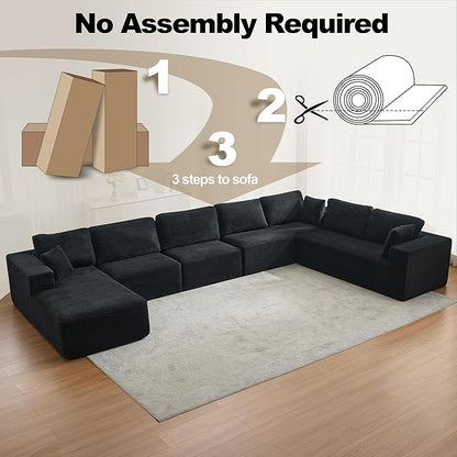 Modular Sectional Cloud Couch for Living Room,Modern Boneless Couche Set with Plush Corduroy,Comfy Floor Sofa with Memory Foam,Stupendous U Shaped Sofa with Chaise,No Assembly Required,Black