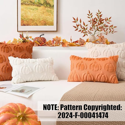Kevin Textile Fall Pillow Covers 18x18 Inch Set of 2 Soft Pumpkins Decorative Square Pillowcases Plush Autumn Faux Fur Cushions Harvest Gift for Couch Sofa Chair Bedroom Home Decor, Beige