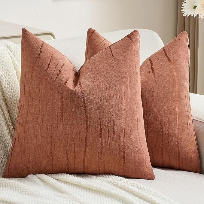 FUTEI Rust Chenille Decorative Throw Pillow Covers 22x22 Inch Set of 2,Soft Embossed Striped Textured Cushion Case,Modern Home Decor for Couch Bed Living Room