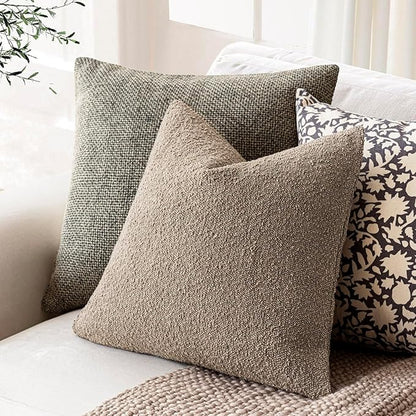 Foindtower Set of 2, Decorative Textured Boucle Throw Pillow Covers Accent Solid Pillow Cases Neutral Cozy Couch Cushion Case for Chair Sofa Bedroom Living Room Home Decor 24x24 Inch Light Khaki Tan