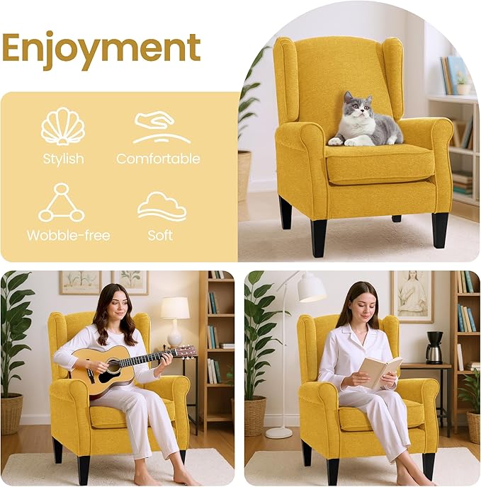 Accent Chair for Living Room Set of 2, High Back Reading Armchairs with Removable Seat Cushion, Mid-Century Single Couch in Fabric, Modern Ergonomic Wingback Chair for Bedroom,Club, Balcony