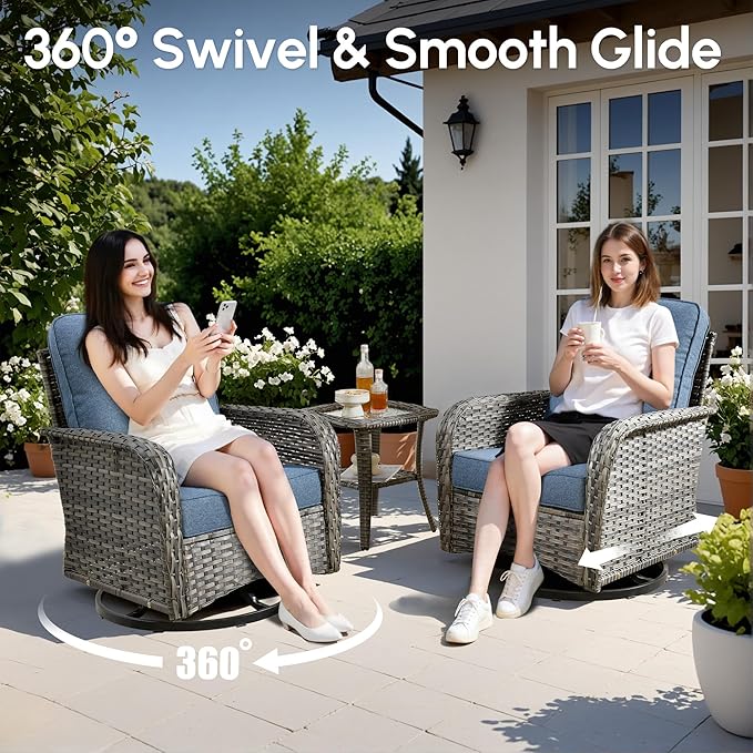 7 PCS Patio Outdoor Furniture Set with Swivel Rocking Chairs,All Weather Wicker Rattan Patio Seating Sofa and Chairs Set,Outdoor Conversaiton Sets for Deck Yard Prrch Garden Poolside,Blue