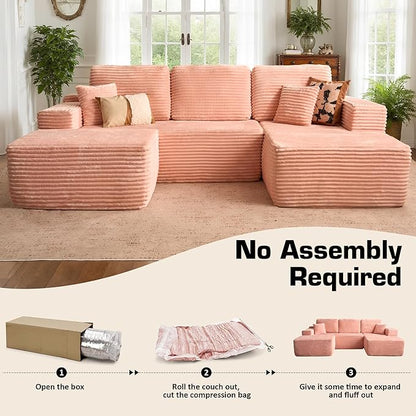 106" Cloud Sectional Couch with L-Shape Chaise & Ottoman, No Assembly Modular Sofa, Deep Seat Plush Corduroy Boneless Couched for Living Room (Pink Plush Corduroy, Right Facing Chaise with Ottoman)