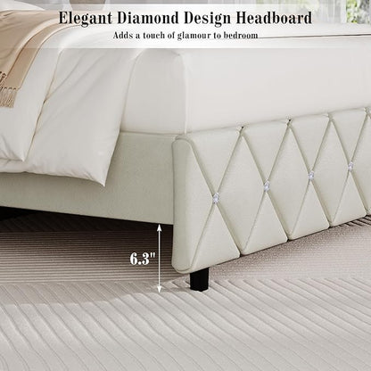 BarnFurin Twin Bed Frame with Diamond Tufted Headboard, Faux Leather Upholstered Bed with Wooden Slats Support, No Box Spring Needed, Mattress Foundation, Easy Assembly, Cream