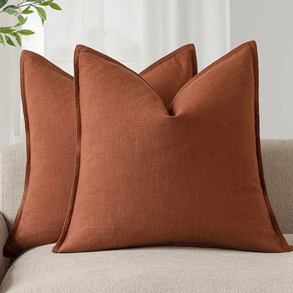 Foindtower Pack of 2, Decorative Linen Soild Throw Pillow Covers Soft Accent Cushion Case Farmhouse Neutral Pillowcase for Chair Couch Sofa Bedroom Living Room Home Decor 16 x 16 Inch Fall Rust Orange