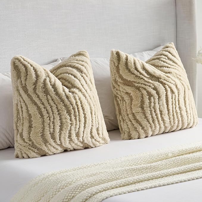FUTEI Beige Decorative Throw Pillow Covers 20x20 Inch Set of 2,Soft Faux Fur Geometric Shapes Texture Cushion Case,Boho Home Decor for Couch Bed Living Room