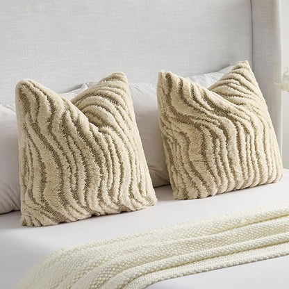 FUTEI Beige Decorative Throw Pillow Covers 12x20 Inch Set of 2,Soft Faux Fur Geometric Shapes Texture Pillowcase,Boho Home Decor for Couch Bed Living Room