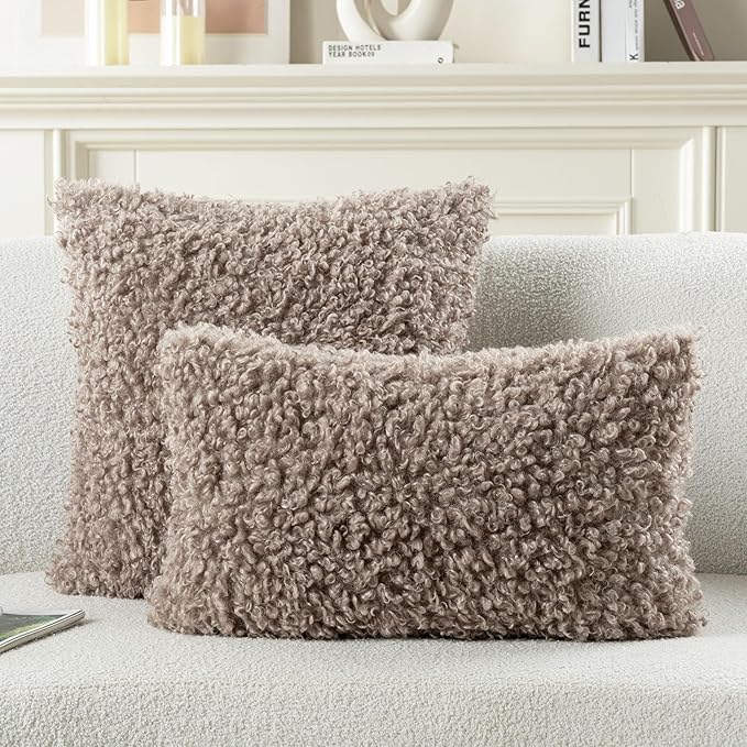 FUTEI Khaki Decorative Throw Pillow Covers 24x24 Inch Set of 2,Soft Fluffy Faux Wool Fur Boucle Textured European Cushion Case,Modern Home Decor for Couch Bed Living Room Office