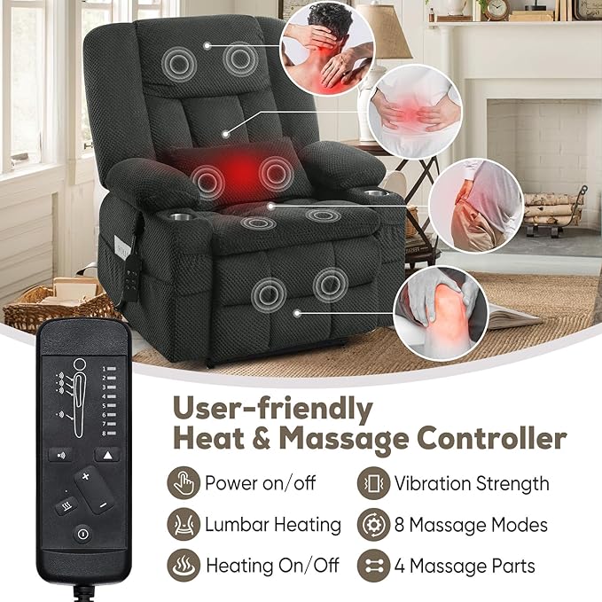 ABCASA Oversized Dual Motor Lay Flat Power Lift Massage Recliner Chair Set of 2 for Elderly with Heat for Living Room, Lift Chairs Recliner with Lumbar Pillow, Cup Holder - Grey
