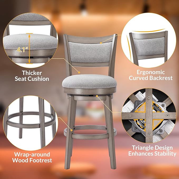 PrimeZone Swivel Bar Stools Set of 6, 26 Inch Counter Height Barstools, High Back Bar Stool with Solid Wood Legs & Wrap-Around Footrest, Counter Stools for Kitchen Island, Pub, Grey
