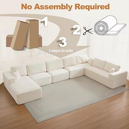 Modular Sectional Cloud Couch for Living Room,Modern Boneless Couche Set with Plush Corduroy,Comfy Floor Sofa with Memory Foam,Stupendous U Shaped Sofa with Chaise,No Assembly Required,Beige