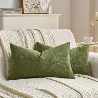 FUTEI Moss Green Velvet Throw Pillow Covers 12x20 Inch Set of 2,Soft Embossed Leaf-Relief Textured Lumbar Pillow Cases,Natural Home Decor for Couch Living Room