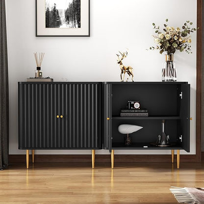 HLR Sideboard Buffet Cabinet with Fluted Texture, Black Accent Cabinet with 2 Doors, Modern Credenza Storage for Kitchen Living Room, Entryway (Black, 1Piece)