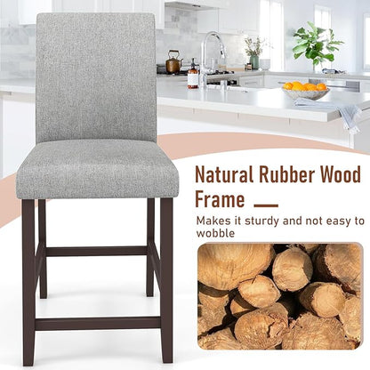 COSTWAY Counter Height Bar Stools Set of 4, 24'' Upholstered Mid Century Modern Island Chairs with Rubber Wood Legs, Wooden Barstools for Kitchen, Dining Room, Bar, Restaurant (Light Grey)