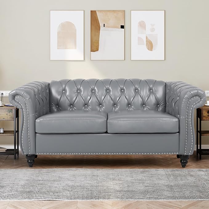 2 Piece Living Room Furniture Set, Faux Leather Loveseat and Chair Set, Mid Century Modern Upholstered Sofa Couch with Cushions, Vintage Comfy Tufted Chesterfield Couches for Bedroom, Office (Grey)