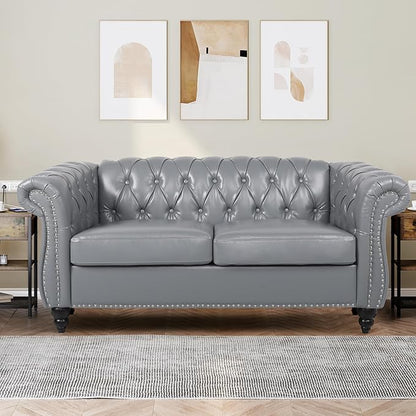 2 Piece Living Room Furniture Set, Faux Leather Loveseat and Chair Set, Mid Century Modern Upholstered Sofa Couch with Cushions, Vintage Comfy Tufted Chesterfield Couches for Bedroom, Office (Grey)