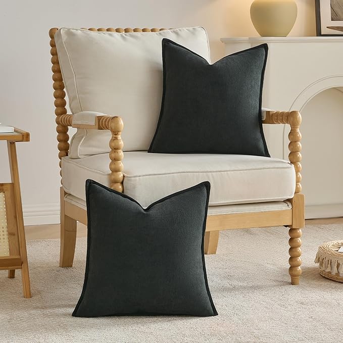 FUTEI Black Chenille Throw Pillow Covers 24x24 Inch Set of 2,Edges Double-Stitched European Cushion Cases,Modern Home Decor for Couch Living Room