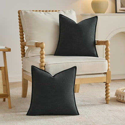 FUTEI Black Chenille Throw Pillow Covers 16x16 Inch Set of 2,Edges Double-Stitched Cushion Cases,Modern Home Decor for Couch Living Room