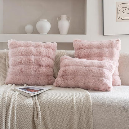 Neelvin Pink Faux Fur Cozy Soft Double-Sided Decorative Throw Pillow Covers 12x20 inch Set of 2,Velvet Pillowcase Cushion Case for Sofa Couch