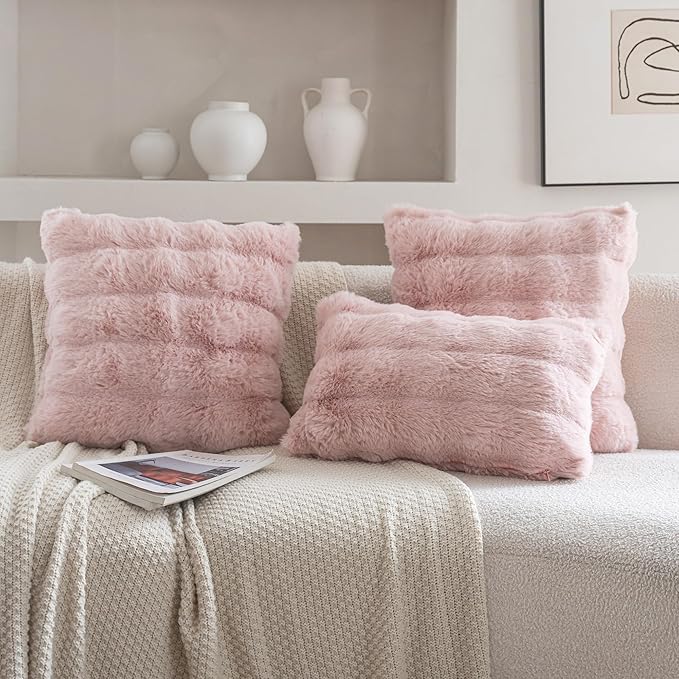 Neelvin Pink Faux Fur Cozy Soft Double-Sided Decorative Throw Pillow Covers 22x22 inch Set of 2,Velvet Pillowcase Cushion Case for Sofa Couch