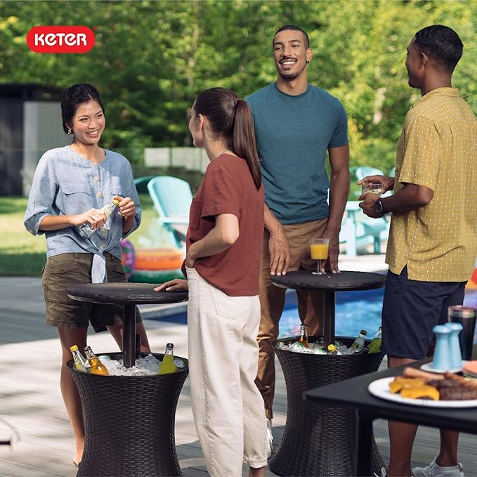 Keter Pacific Cool Bar Outdoor Patio Furniture and Hot Tub Side Table with 7.5 Gallon Beer and Wine Cooler, Espresso Brown