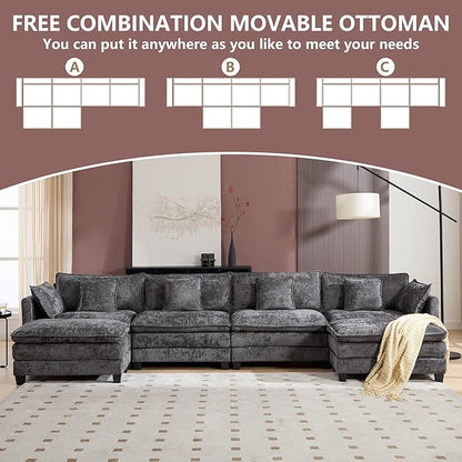 Plush Modular Cloud Sofa Set with Ottoman | L/U-Shaped Deep Seating Chenille Sectional for Family Living Room