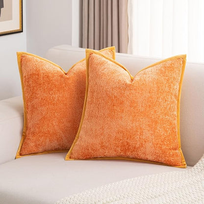 FUTEI Orange Chenille Throw Pillow Covers 16x16 Inch Set of 2,Soft Cozy Bound Edge Design Cushion Case,Home Decor for Couch Bed Living Room